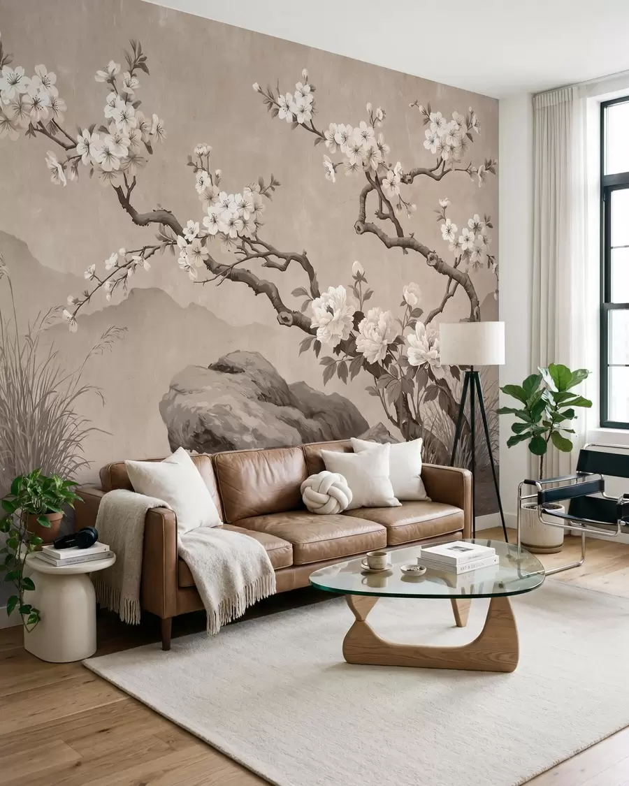 fototapeter En blomstrende kirsebærgren over klipper i lyse beige nuancer, i orientalsk maleristil w10052