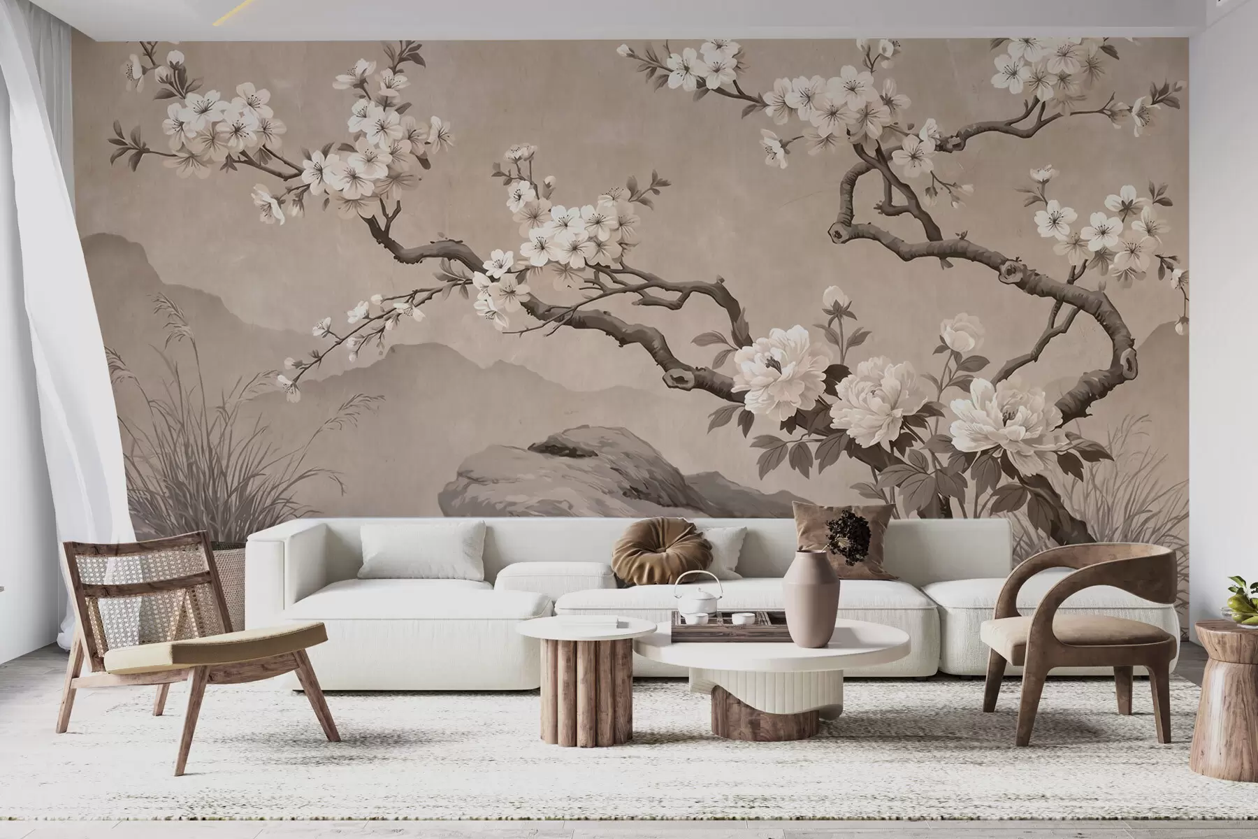 fototapeter En blomstrende kirsebærgren over klipper i lyse beige nuancer, i orientalsk maleristil w10052