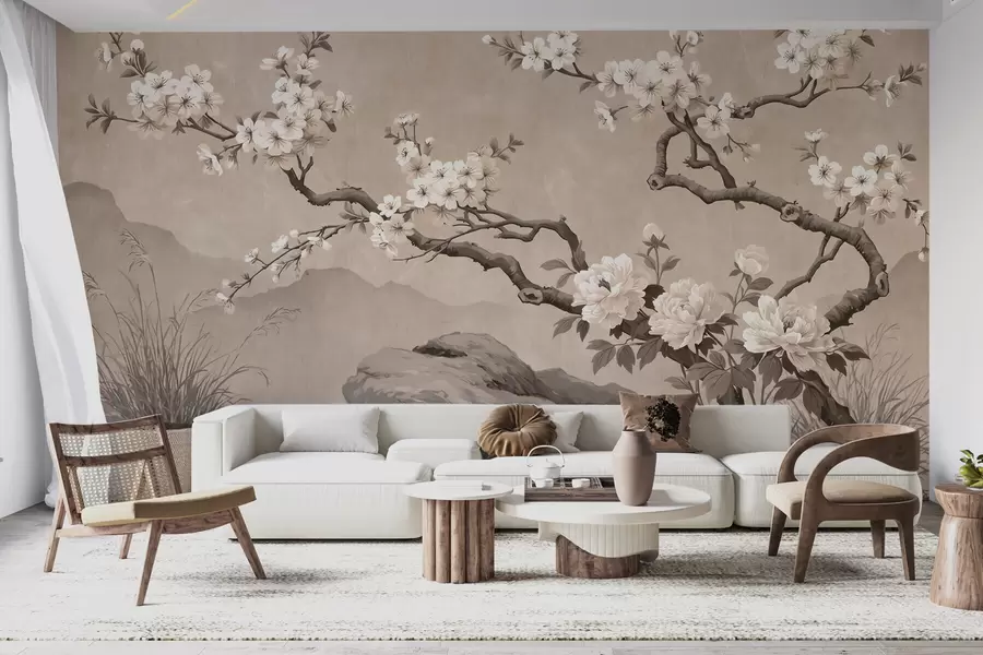 fototapeter En blomstrende kirsebærgren over klipper i lyse beige nuancer, i orientalsk maleristil w10052