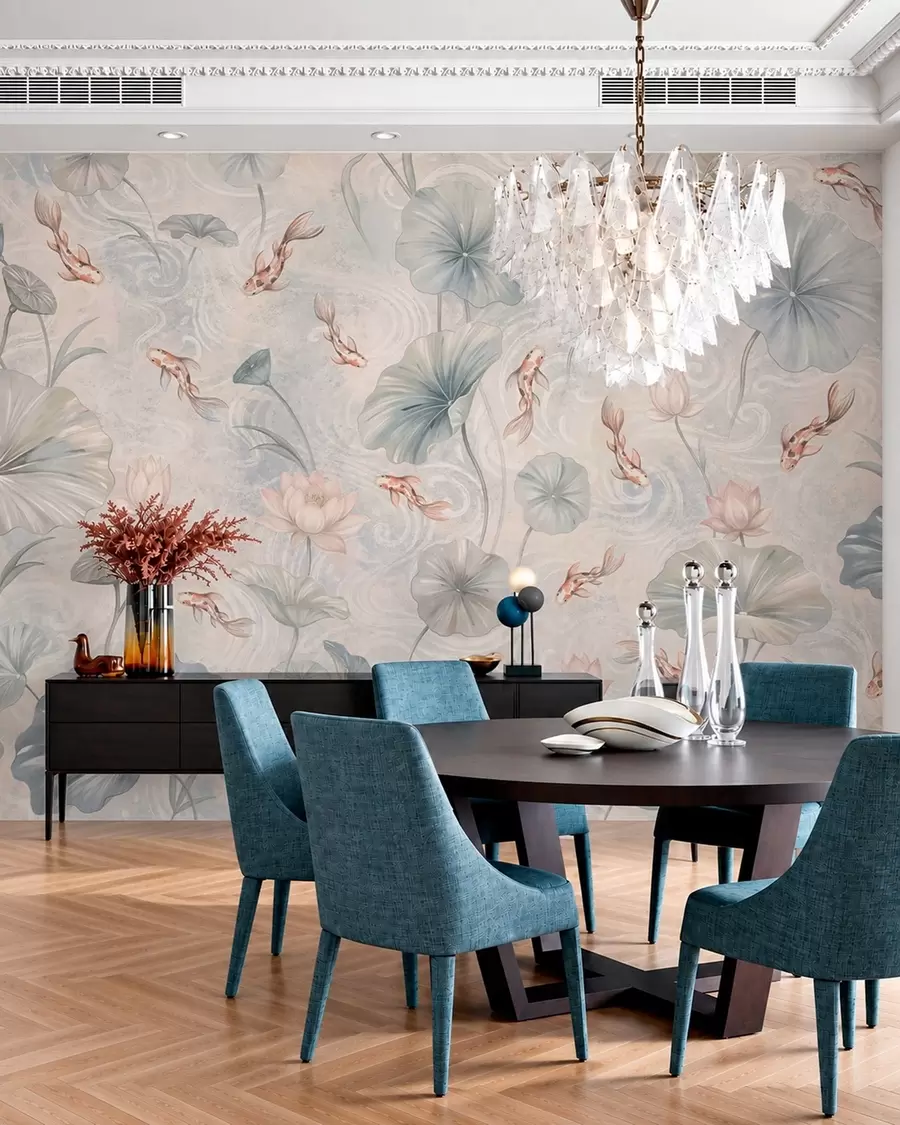 fototapeter Koi-fisk blandt blade og lyserøde blomster på en lys baggrund w05807