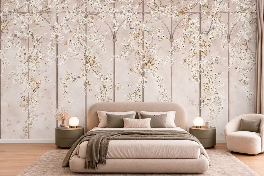 fototapeter Blomstrende hvide grene på et dekorativt espalier w05923
