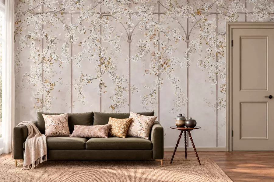 fototapeter Blomstrende hvide grene på et dekorativt espalier w05923