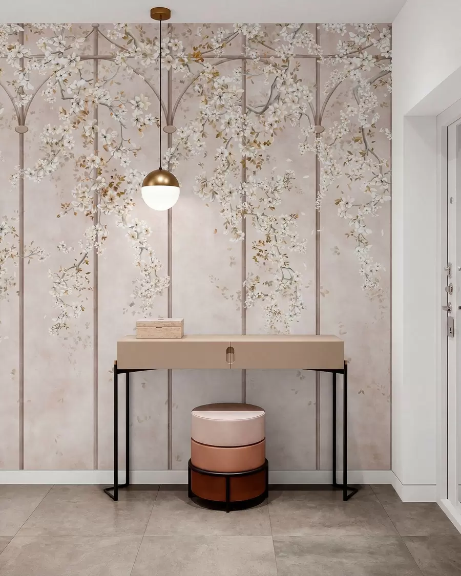 fototapeter Blomstrende hvide grene på et dekorativt espalier w05923