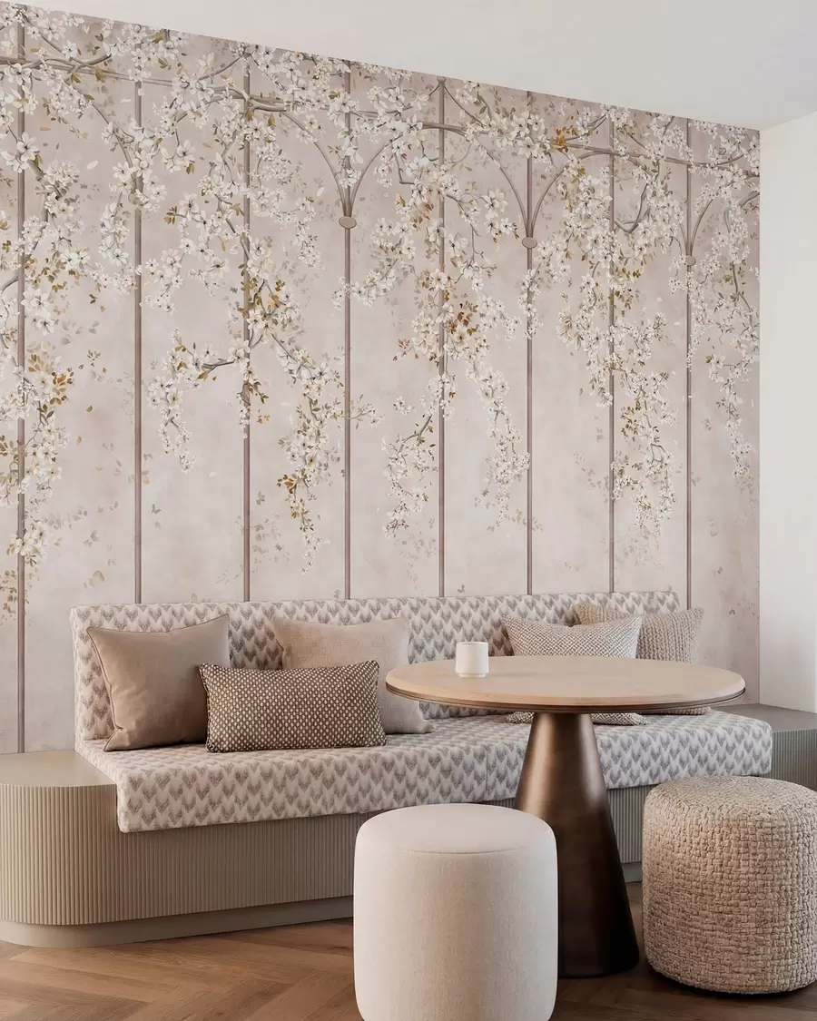 fototapeter Blomstrende hvide grene på et dekorativt espalier w05923