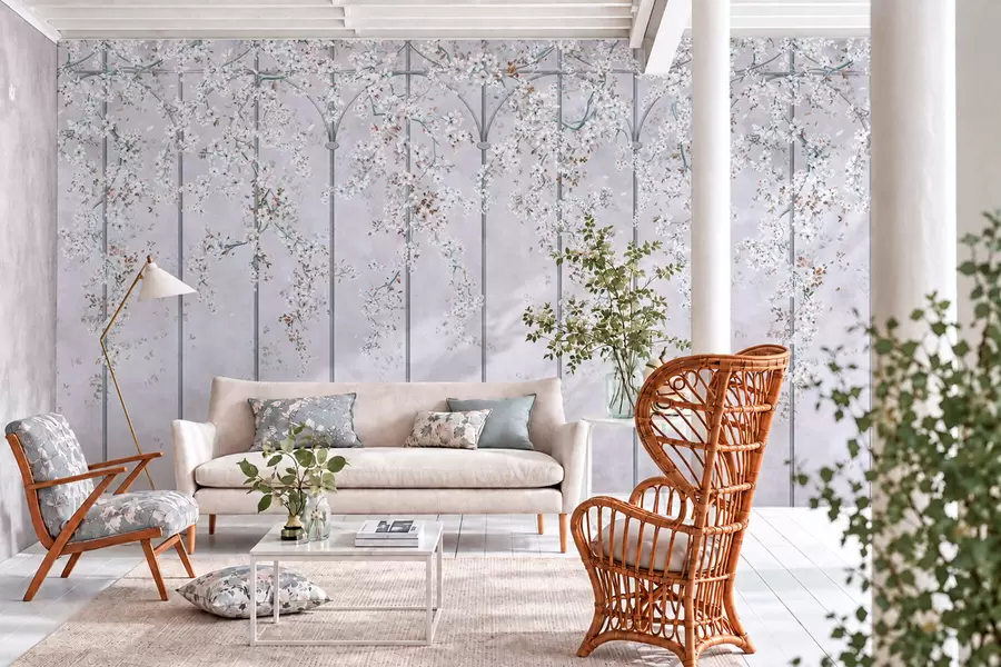 fototapeter Hvidblomstrende grene på et blåt og gråt dekorativt espalier w05923v1