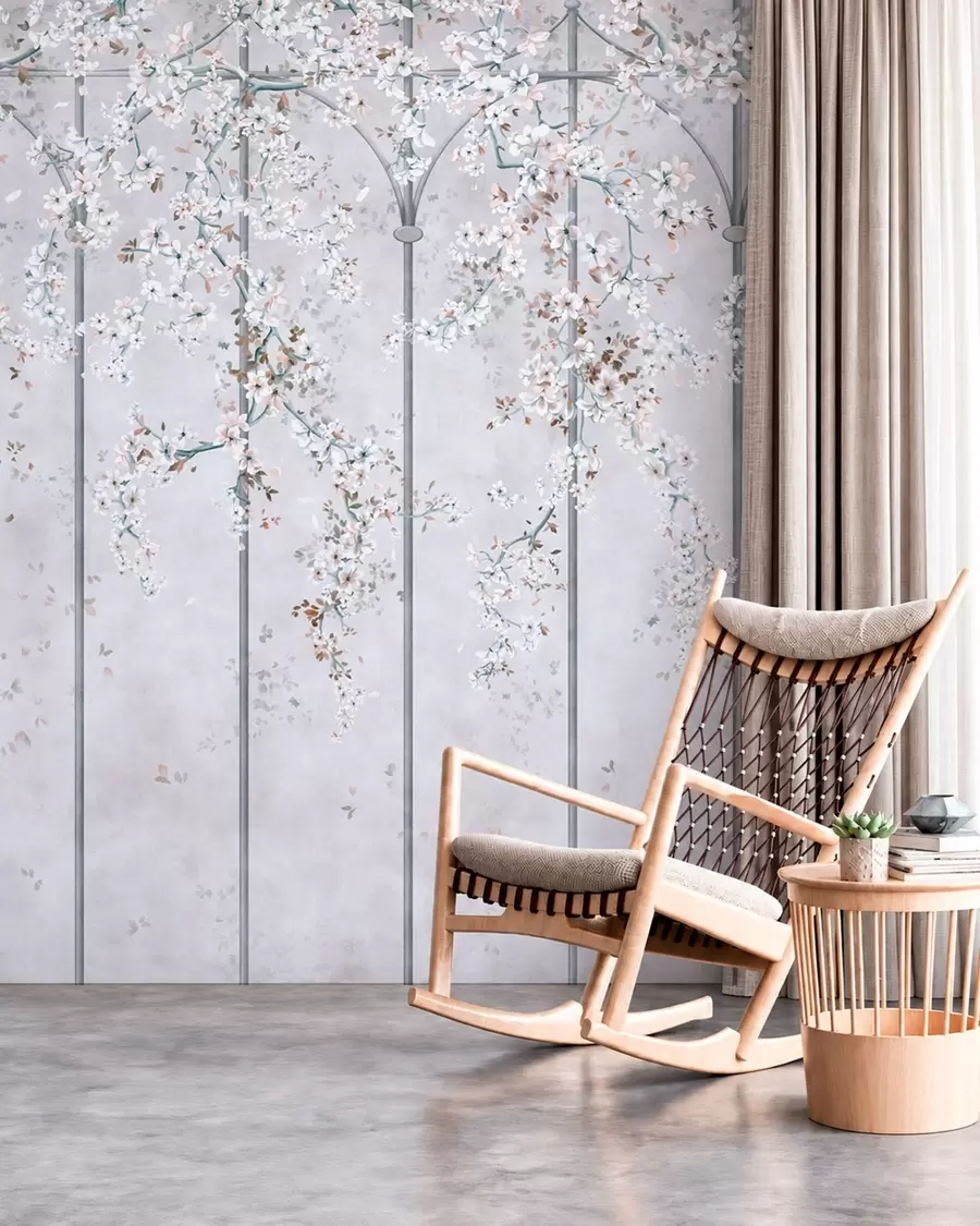 Murale Des branches fleuries blanches sur un treillis décoratif bleu et gris w05923v1