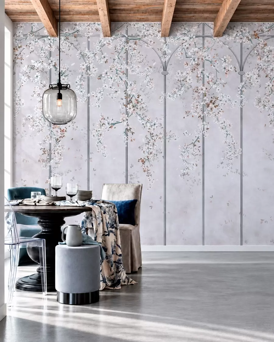 fototapeter Hvidblomstrende grene på et blåt og gråt dekorativt espalier w05923v1