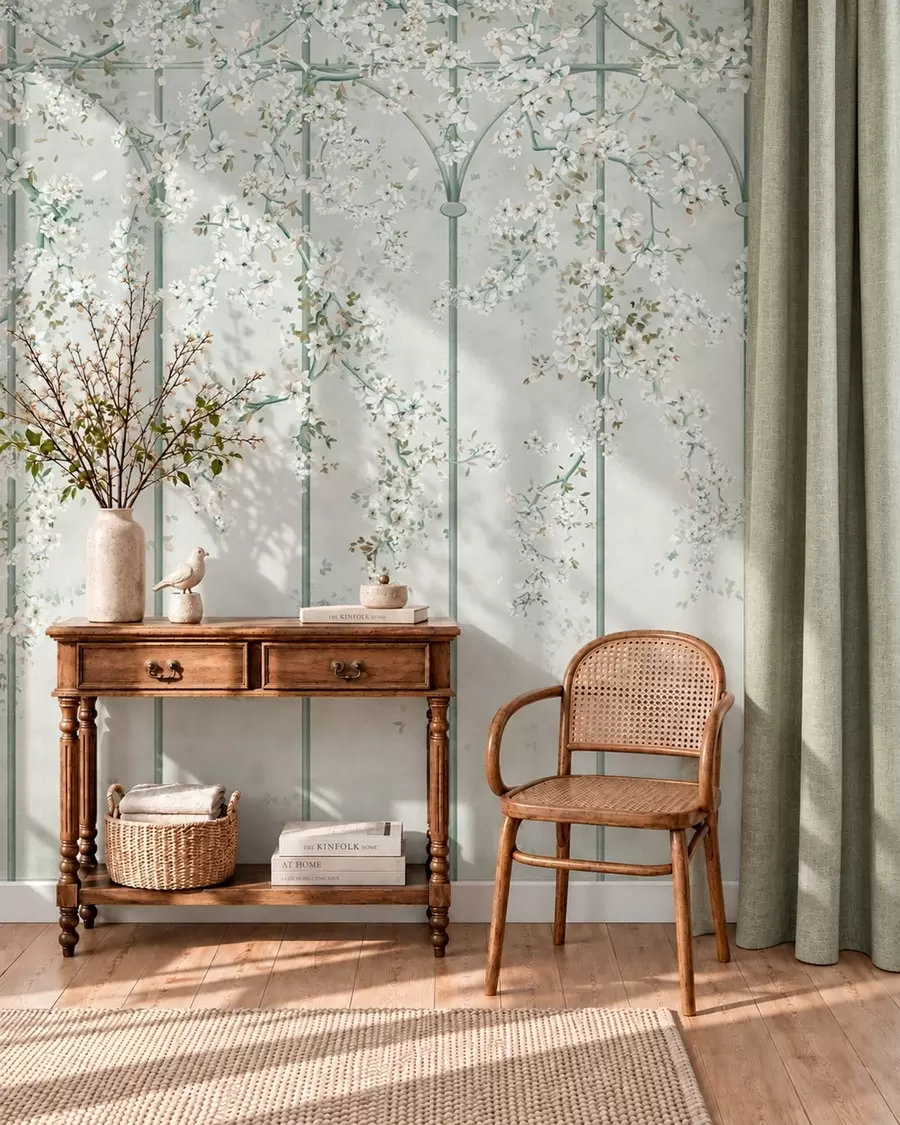 fototapeter Hvidblomstrende grene på et grønt dekorativt espalier w05923v2