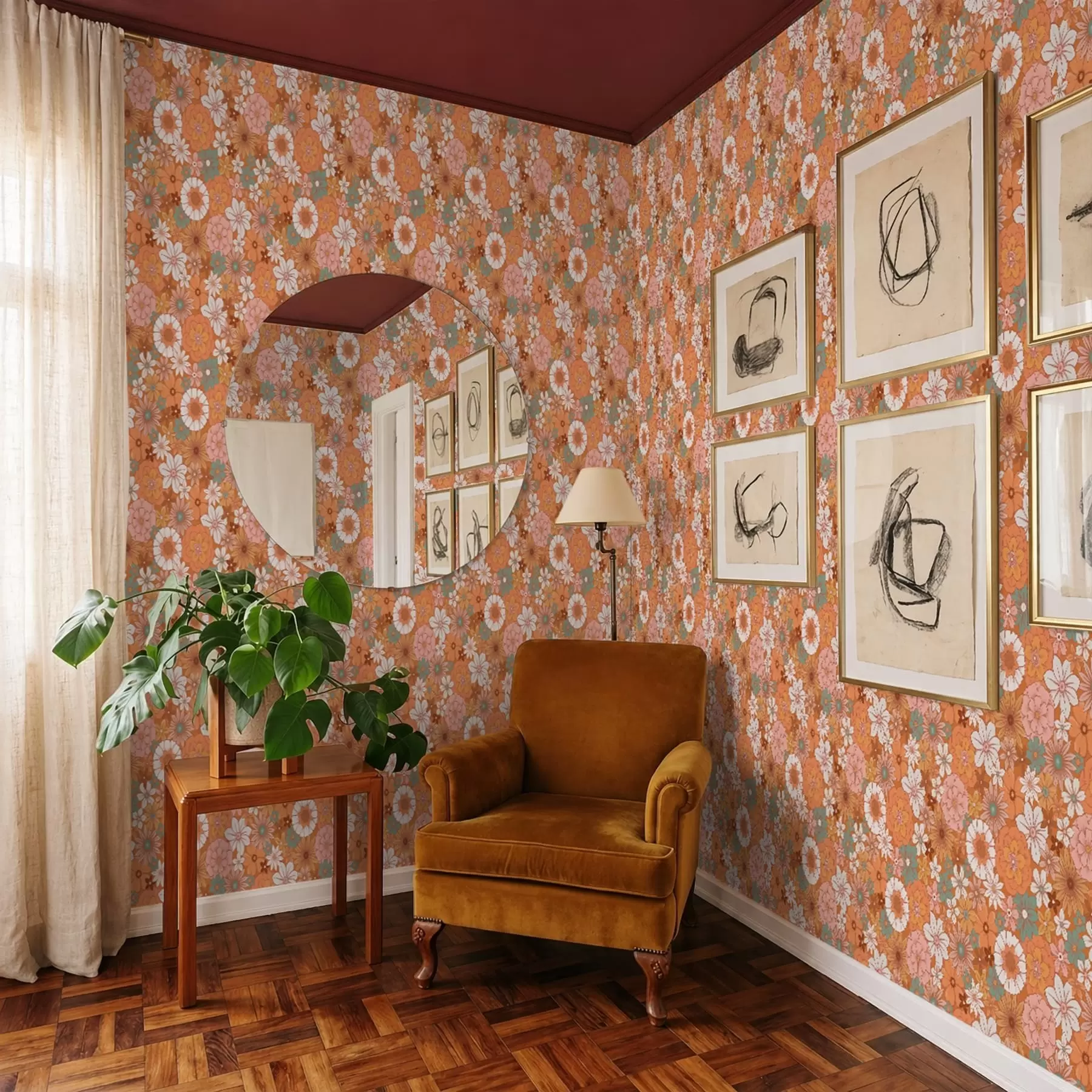 Murale Motif floral éclatant dans des tons orange chauds a01269v1