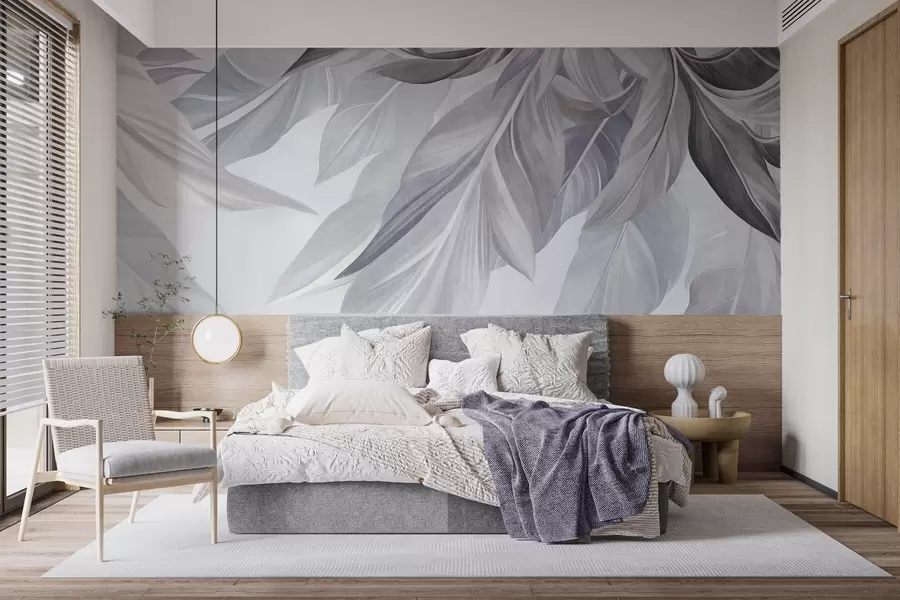 Murale Motif tropical, grandes feuilles aux tons gris et bleu discrets, fond clair et texturé w10054v1