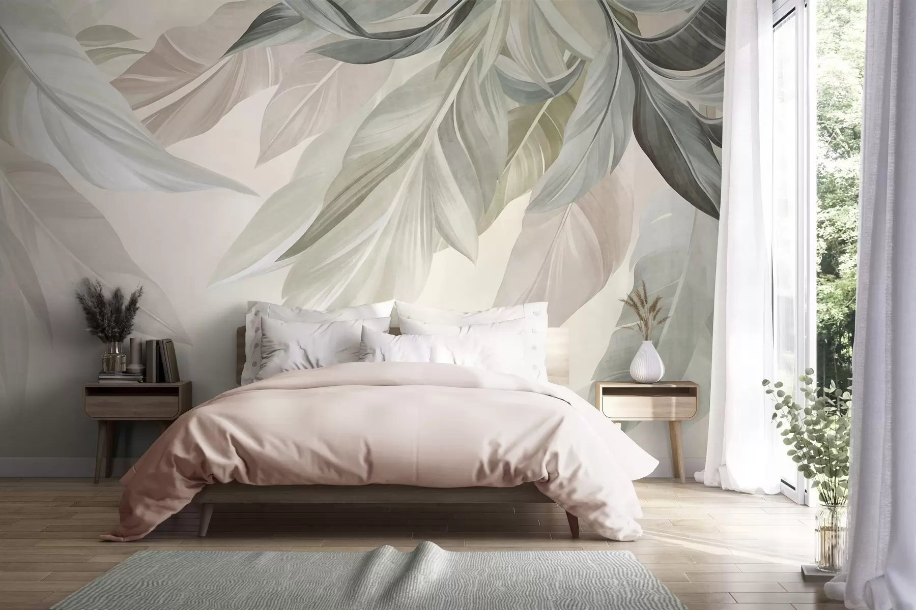 Murale Feuilles tropicales, grandes, dans des tons verts, beiges et roses discrets, sur un fond clair et texturé w10054
