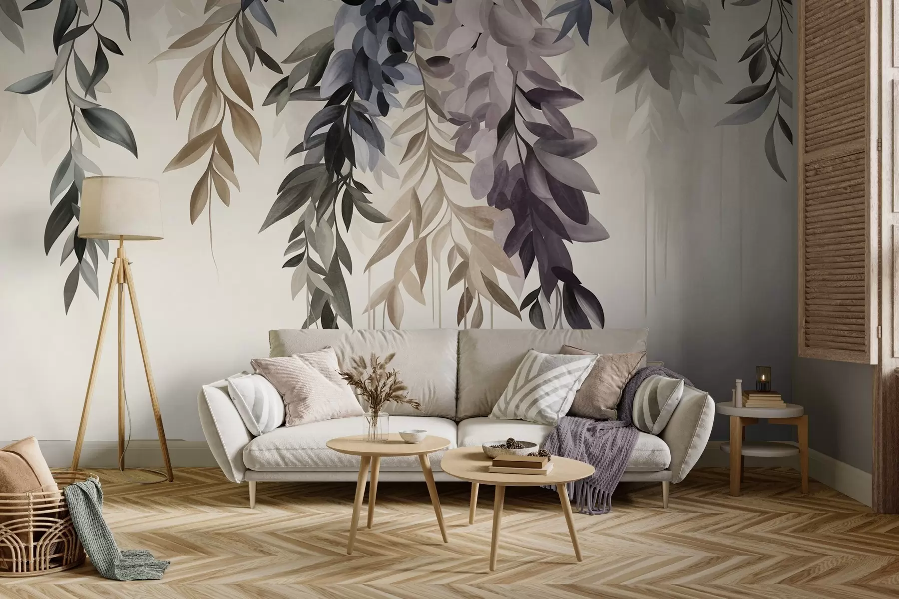 fototapeter Hængende abstrakte blade i nuancer af lilla, blå og beige med lange, tynde stilke w10057