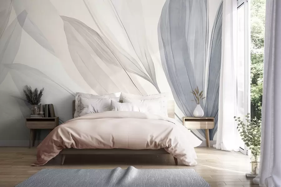 fototapeter Abstrakte, gennemskinnelige blade i pastelfarver af lyserød, beige og blå nuancer, baggrund med struktur w10063