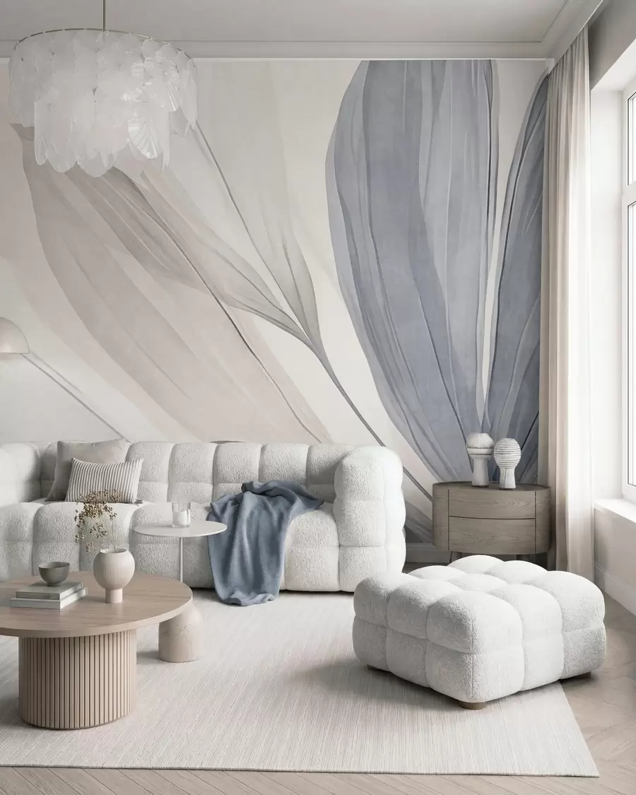 fototapeter Abstrakte, gennemskinnelige blade i pastelfarver af lyserød, beige og blå nuancer, baggrund med struktur w10063