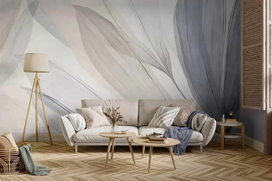 fototapeter Abstrakte, gennemskinnelige blade i pastelfarver af lyserød, beige og blå nuancer, baggrund med struktur w10063