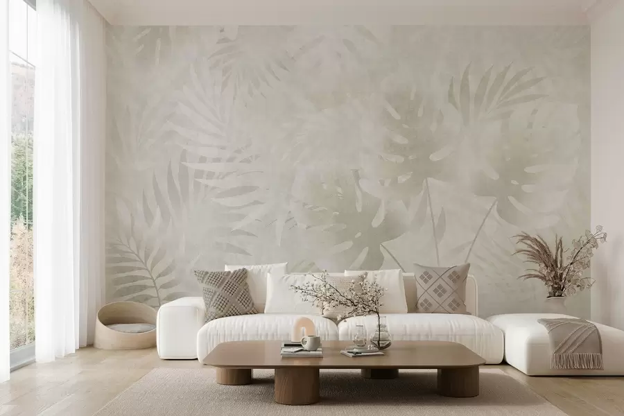 Murale Feuilles tropicales avec un effet grunge dans des tons beiges neutres w10080v1