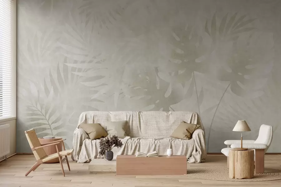 fototapeter Tropiske blade med grunge-effekt i neutrale beige nuancer w10080v1