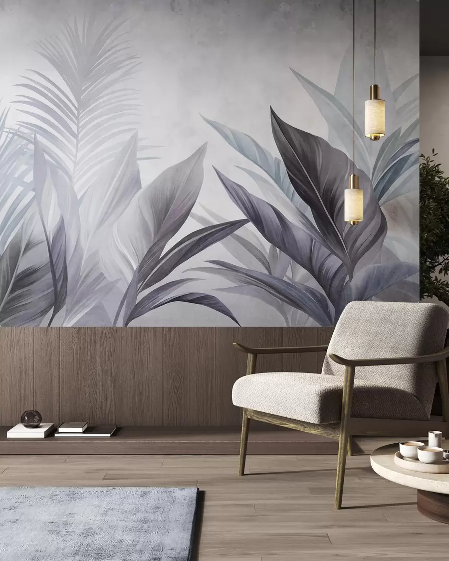 Murale Feuilles tropicales aux nuances de bleu et de gris, texturées et de grande taille, art moderne w10055v1