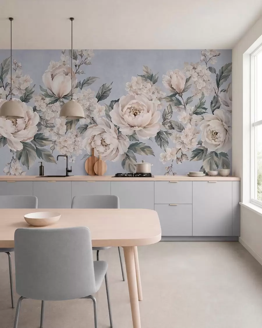 fototapeter Fine, lysfarvede blomster med blade på en blå baggrund w05926v1