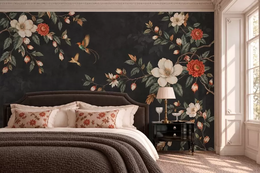 Murale Des branches en fleurs et deux oiseaux sur un fond sombre w05927