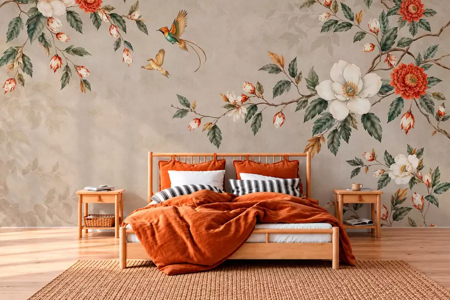 Murale Des branches fleuries et deux oiseaux sur fond beige w05927v2