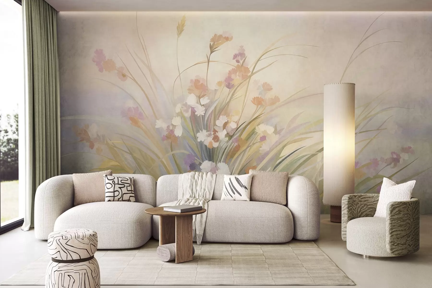 Fototapete Hohes Gras und Wildblumen in sanften Pastelltönen, strukturierte Kunst w10062