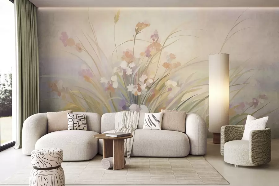Fototapete Hohes Gras und Wildblumen in sanften Pastelltönen, strukturierte Kunst w10062