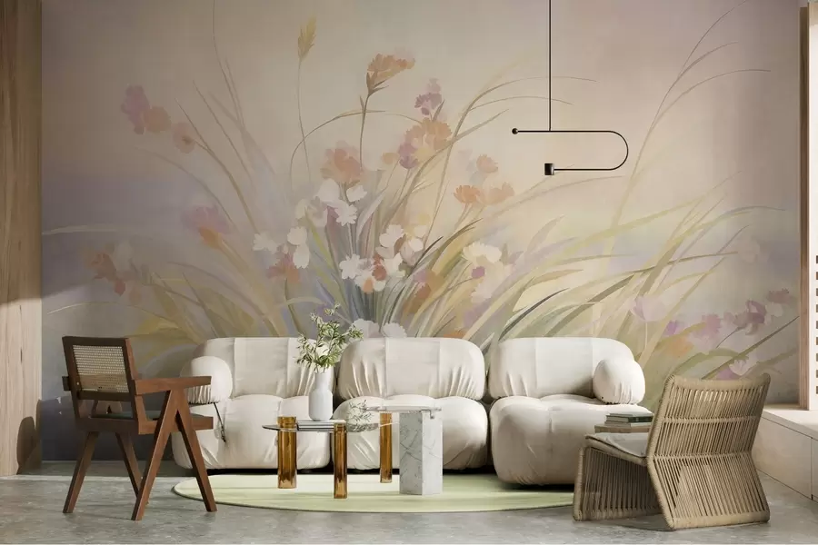fototapeter Højt græs og vilde blomster i bløde pastelfarver, tekstureret kunst w10062