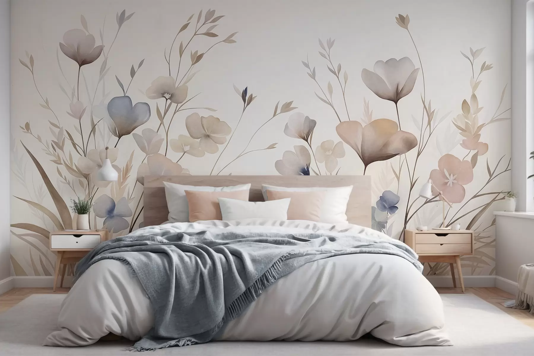fototapeter Fint vilde blomster i pastelfarver i blå, lyserød og beige sammen med højt græs w10065