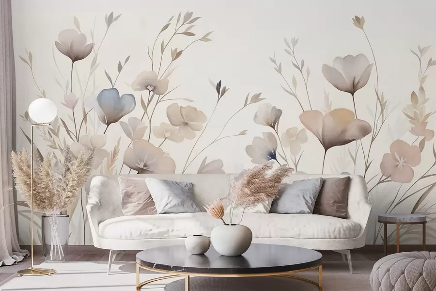 fototapeter Fint vilde blomster i pastelfarver i blå, lyserød og beige sammen med højt græs w10065