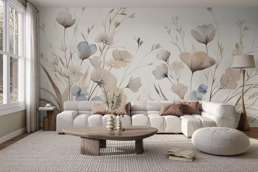 fototapeter Fint vilde blomster i pastelfarver i blå, lyserød og beige sammen med højt græs w10065