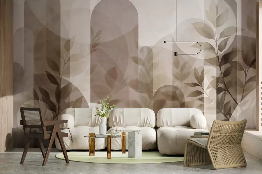 Murale Éléments géométriques abstraits et feuilles délicates dans des tons discrets de marron et de beige w10088