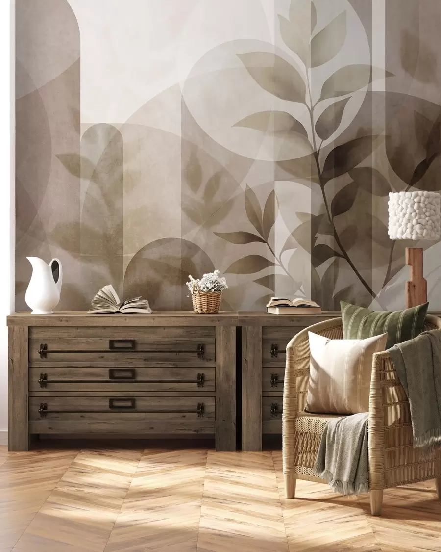 fototapeter Abstrakte geometriske elementer og fine blade i dæmpede brune og beige nuancer w10088