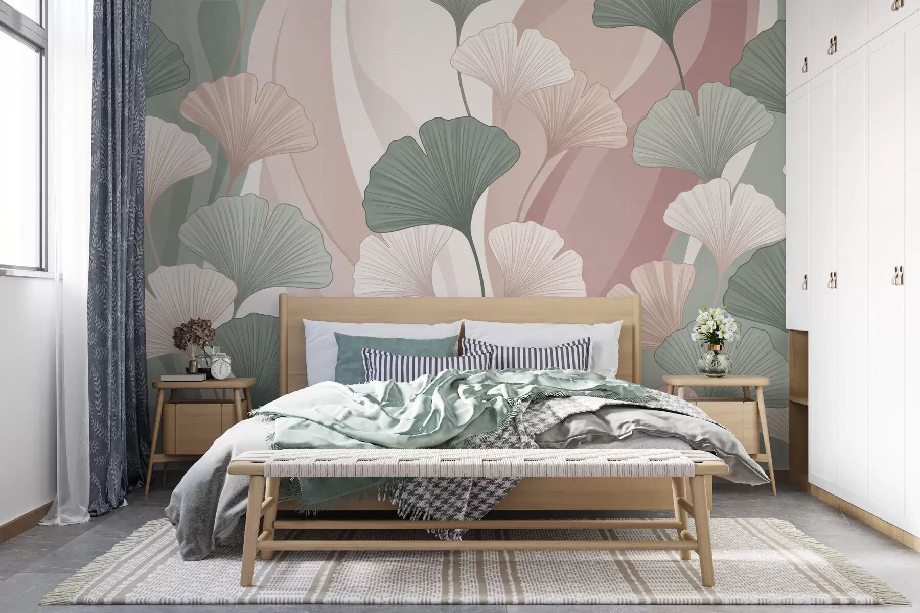 Murale Feuilles de ginkgo aux couleurs pastel sur un fond abstrait dans des tons de vert, crème, beige et rose poudré w10040