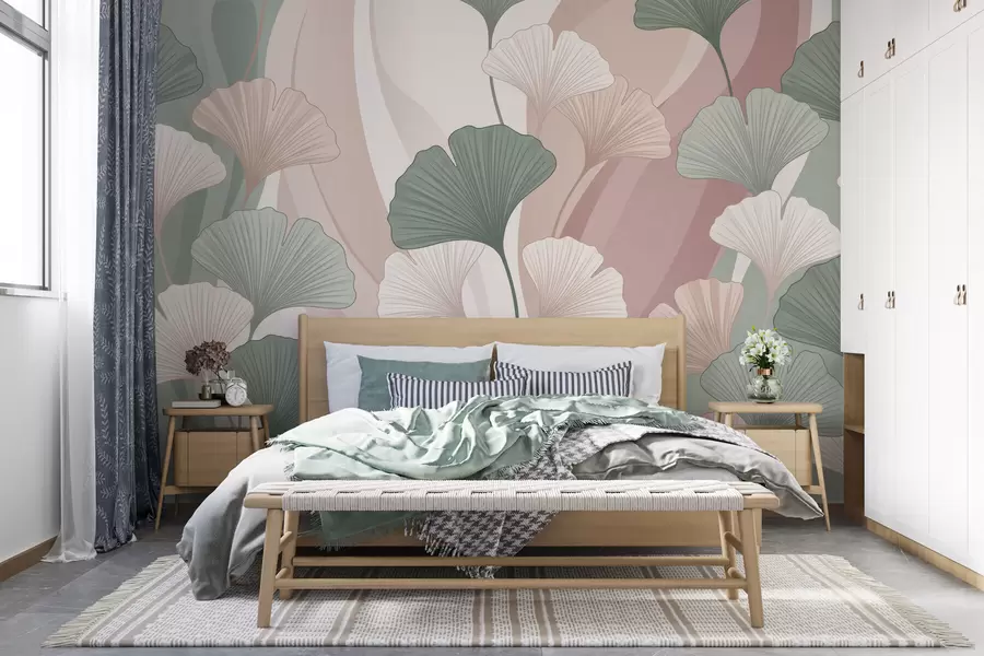 Murale Feuilles de ginkgo aux couleurs pastel sur un fond abstrait dans des tons de vert, crème, beige et rose poudré w10040
