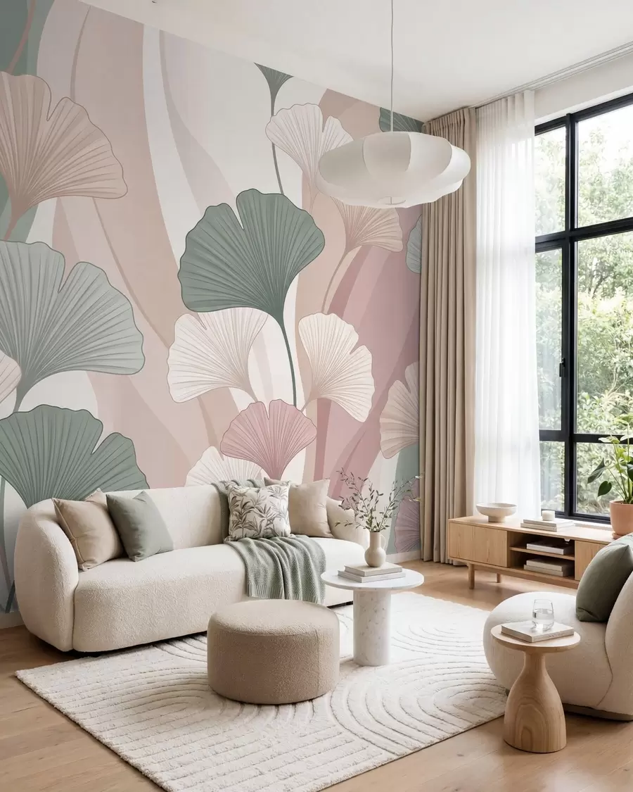 fototapeter Pastelfarvede ginkgoblade på en abstrakt baggrund i nuancer af grønt, creme, beige og støvet rosa w10040