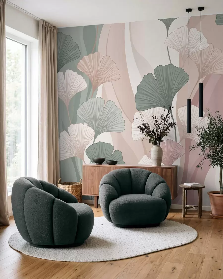 fototapeter Pastelfarvede ginkgoblade på en abstrakt baggrund i nuancer af grønt, creme, beige og støvet rosa w10040