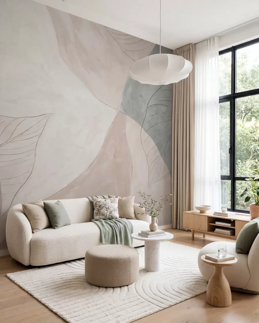 fototapeter Abstrakt botanisk komposition med store blade og organiske former i nuancer af beige, creme og grønt w10070