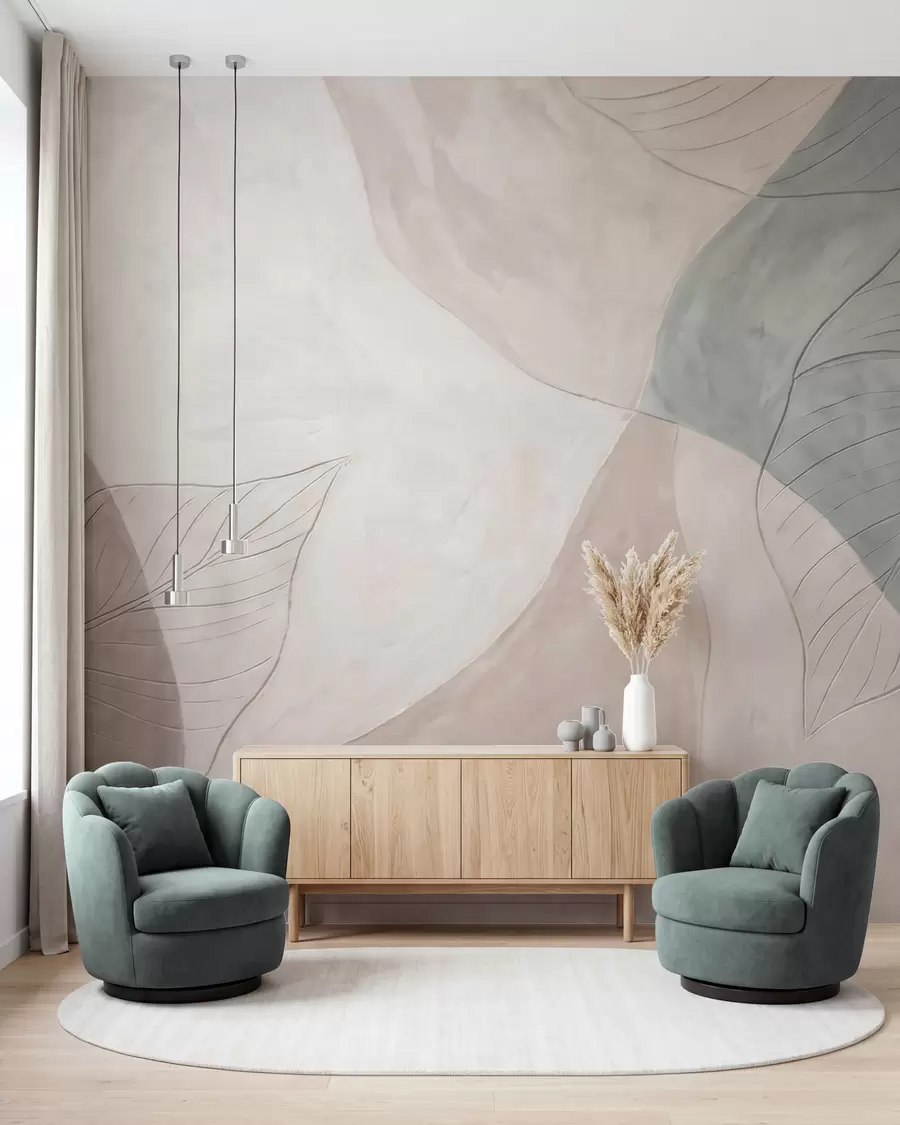fototapeter Abstrakt botanisk komposition med store blade og organiske former i nuancer af beige, creme og grønt w10070