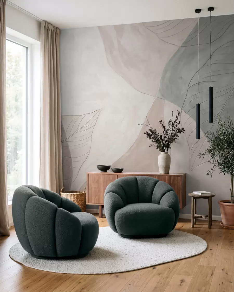 fototapeter Abstrakt botanisk komposition med store blade og organiske former i nuancer af beige, creme og grønt w10070