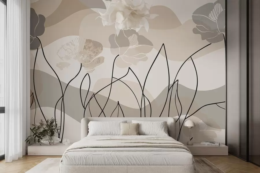 Murale Abstraction beige avec des fleurs en relief w09989