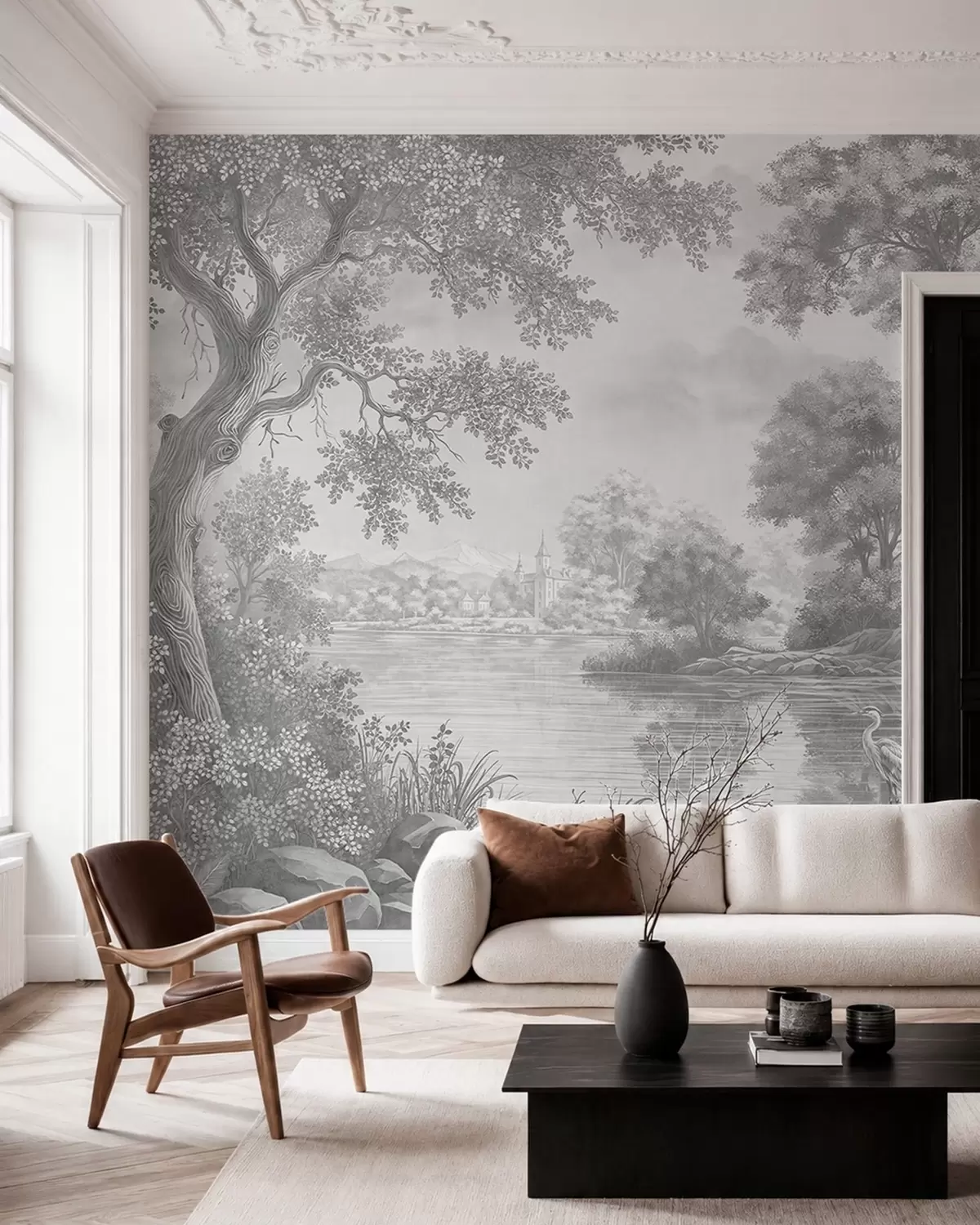 Murale Paysage forestier gris avec un héron au bord du lac w05805v1