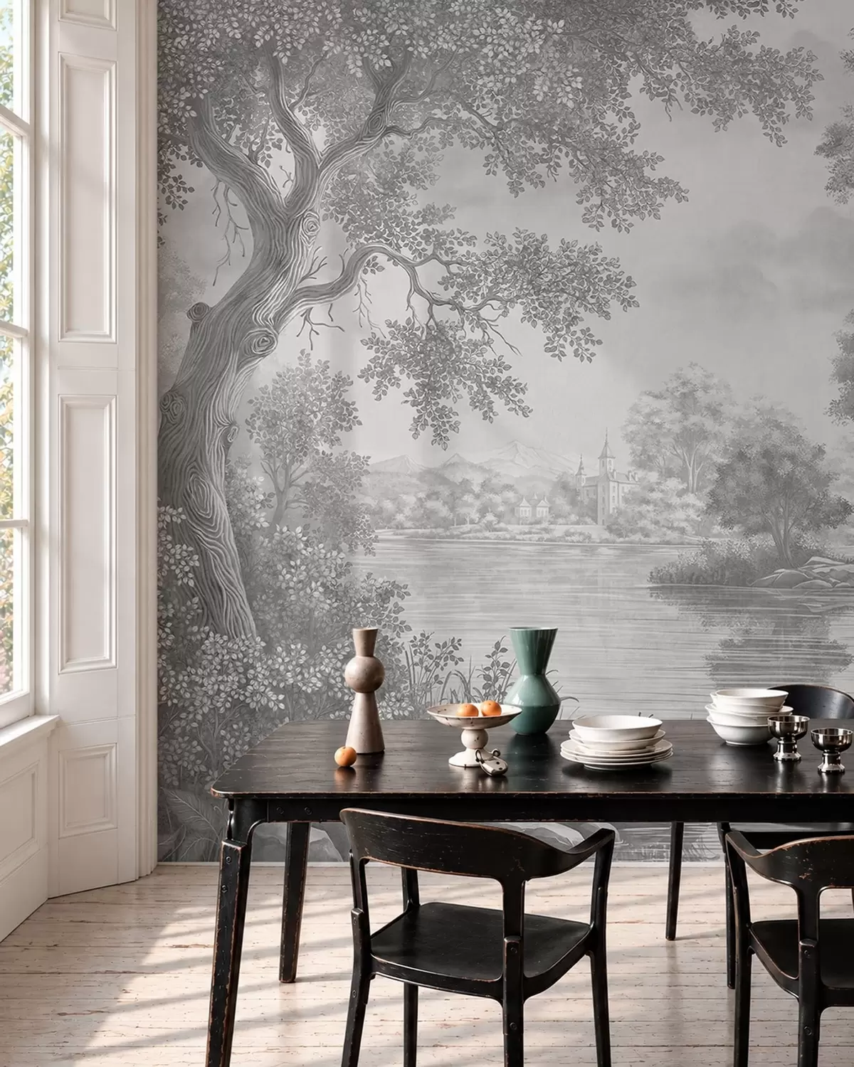 Murale Paysage forestier gris avec un héron au bord du lac w05805v1