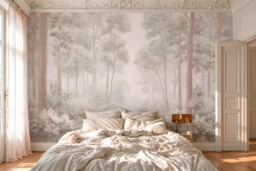 Murale Une forêt aux tons pastel, traversée par un sentier sinueux w05889