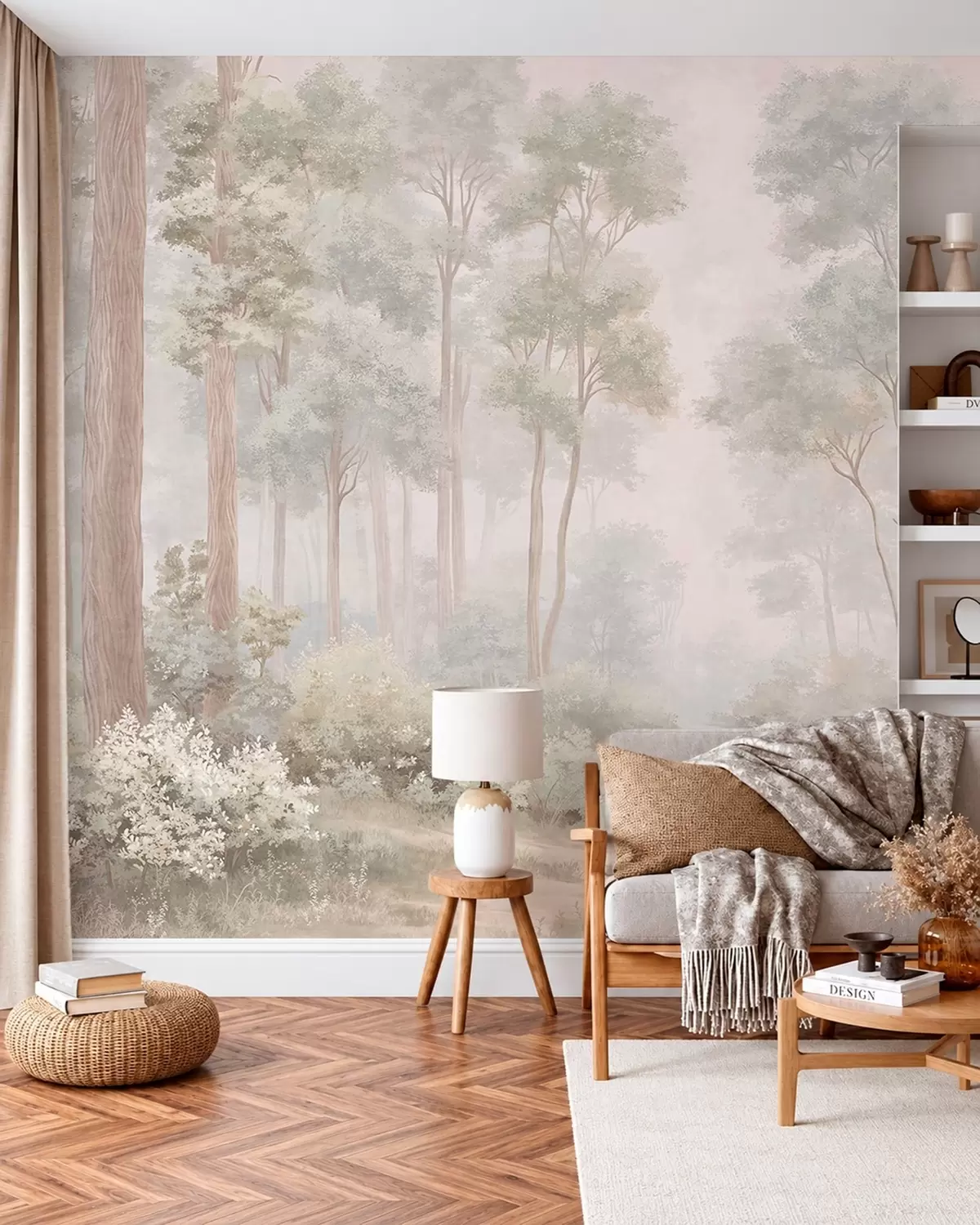 Murale Une forêt aux tons pastel, traversée par un sentier sinueux w05889