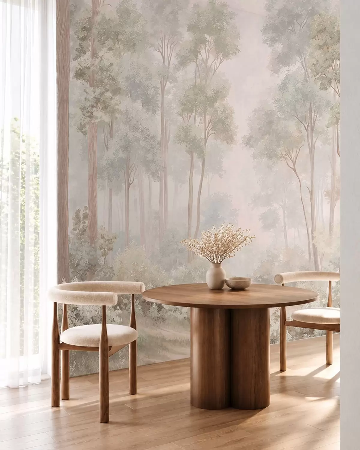 Murale Une forêt aux tons pastel, traversée par un sentier sinueux w05889