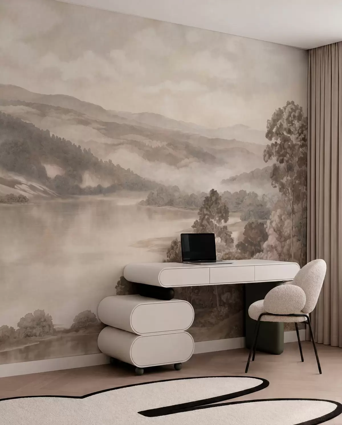 Murale Un lac paisible au milieu de collines et de forêts brumeuses w05928