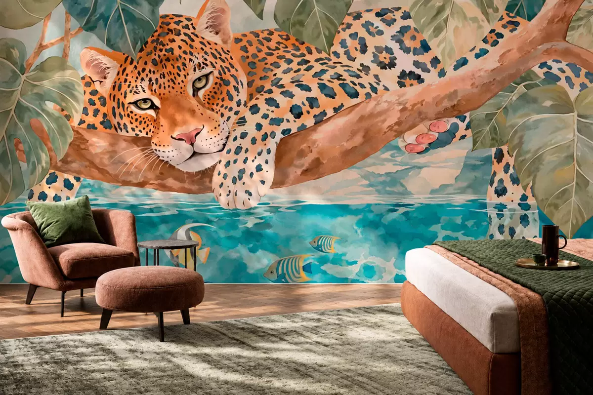 Murale Un léopard perché sur une branche au-dessus de l'eau, avec des poissons colorés w05954