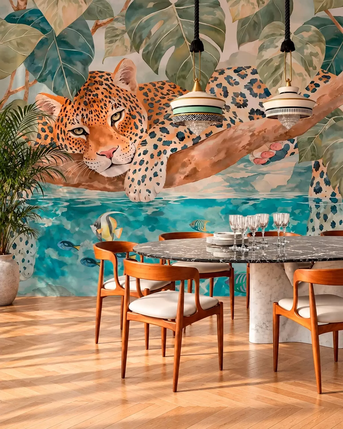 Murale Un léopard perché sur une branche au-dessus de l'eau, avec des poissons colorés w05954