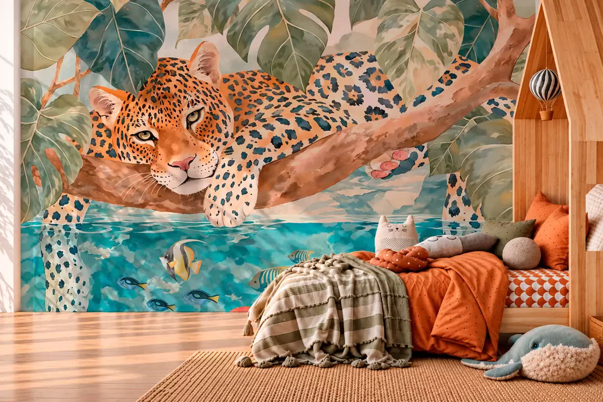 Murale Un léopard perché sur une branche au-dessus de l'eau, avec des poissons colorés w05954